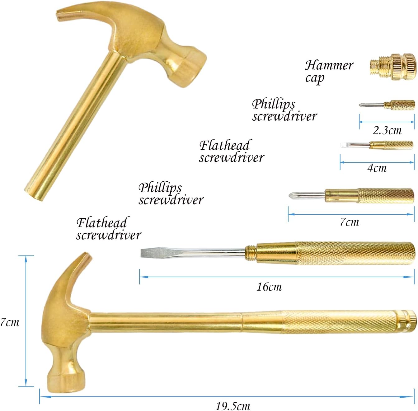 Small Hammer Metal Hammer & Screwdriver, 6 in 1Multitool Camping Hammer Set Screwdriver Tools (Gold)