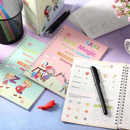SANK Montessori Reusable Magic Book 4Magic Books + 1Magic Pen + 10Refills + 1Grip Children's Calligraphy Copybook Magic Writing Calligraphy Handwriting Copybook Set