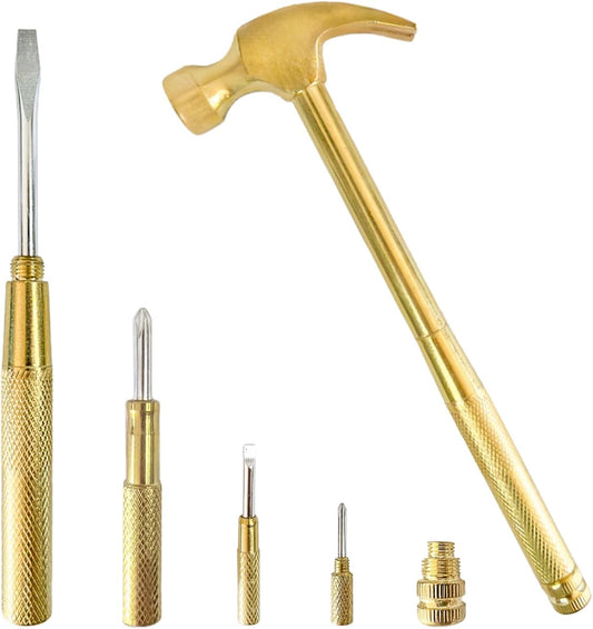 Small Hammer Metal Hammer & Screwdriver, 6 in 1Multitool Camping Hammer Set Screwdriver Tools (Gold)